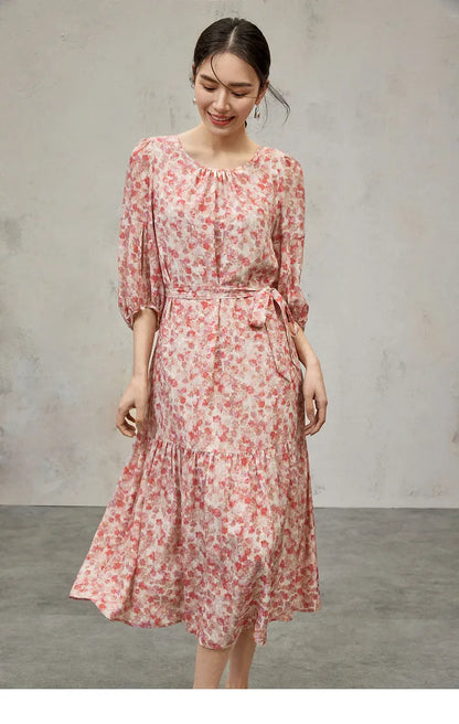 SENTUBILA 100% Silk Summer Floral Dress Women 2024 Short Sleeve Tie Belt Elegant Printed A-line Midi Dresses Woman 142L53958