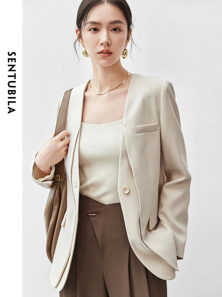 SENTUBILA Loose Blazers V Neck Single Button