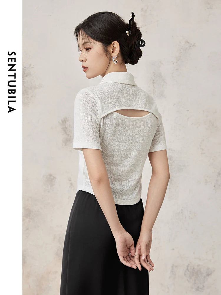 SENTUBILA White Hollow Out Slim Cropped Lace Summer Chinese Style Polo Collar Split Short Sleeve Blouse