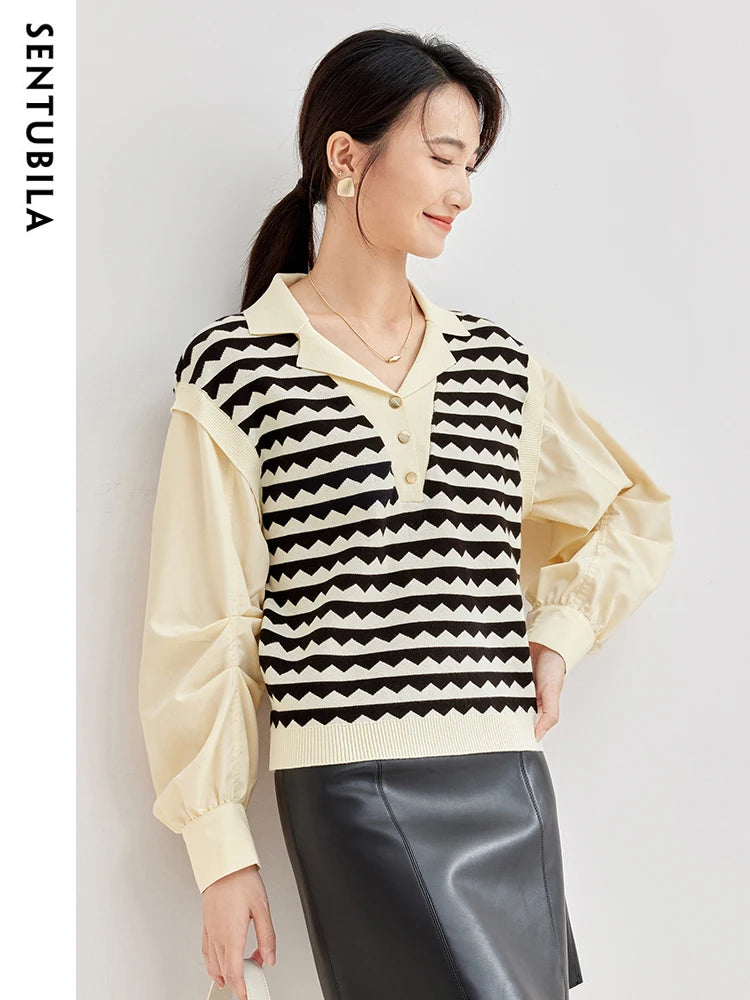 SENTUBILA 2 In 1 Shirt Spring Patchwork Knitted Long Sleeve Blouse Female Fashion Lady