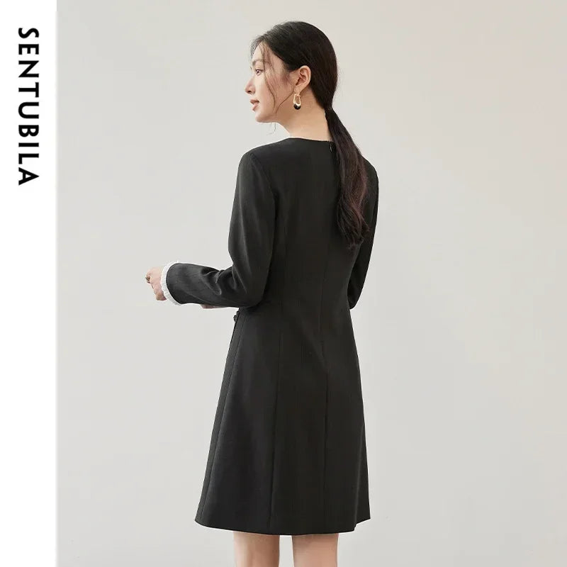 SENTUBILA Spliced Mini Black Buttons Front Long Sleeve Fitted Evening Dress