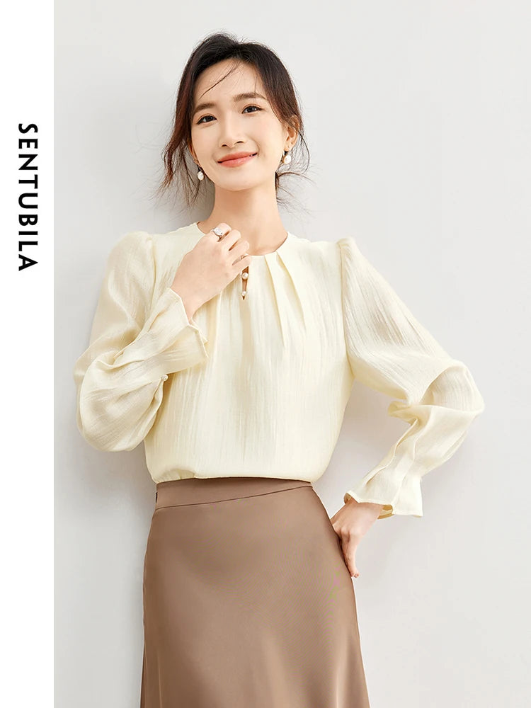 SENTUBILA Elegant Fashion Chiffon Blouse Round Neck Shirt Long Puff Sleeve