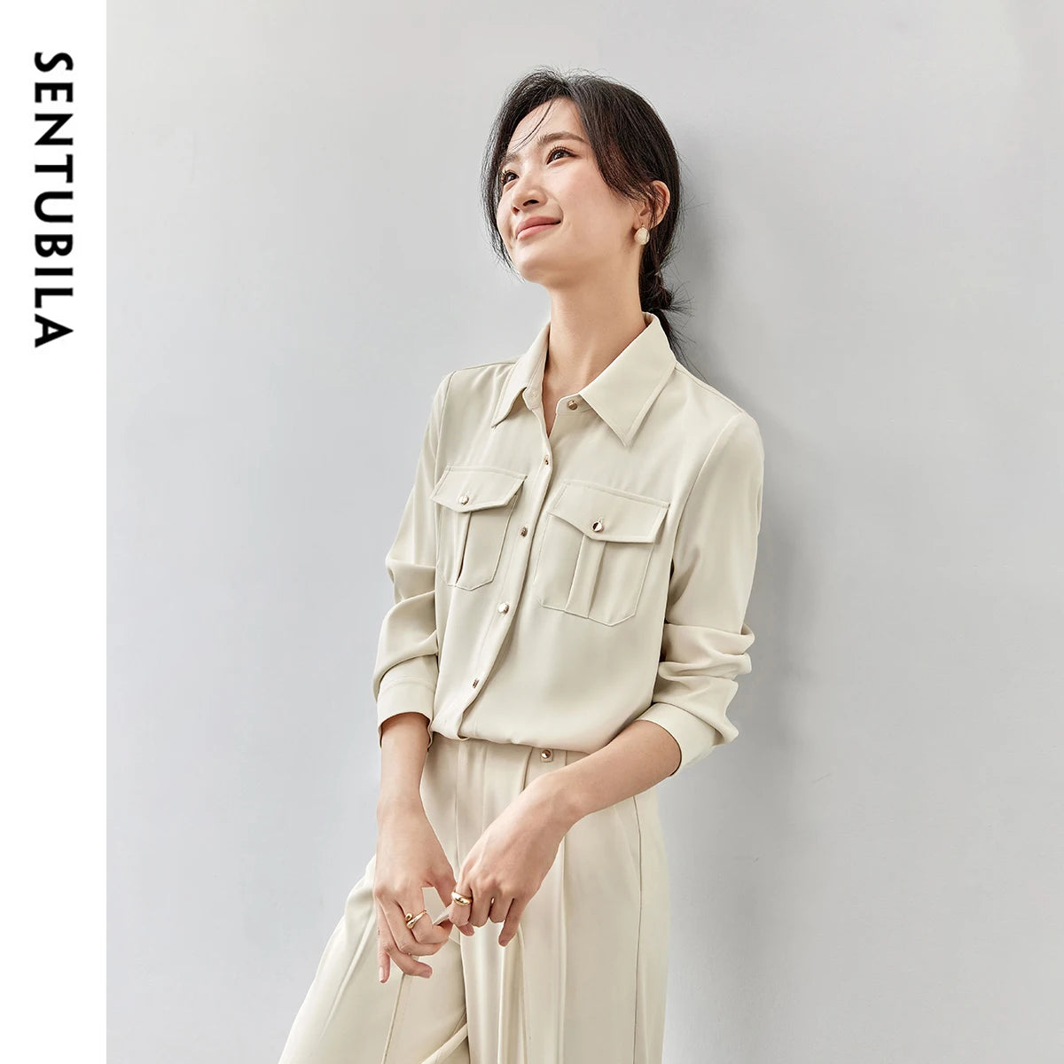 SENTUBILA Casual Loose Shirt New Spring 2025 Turn Down Collar Metal Button