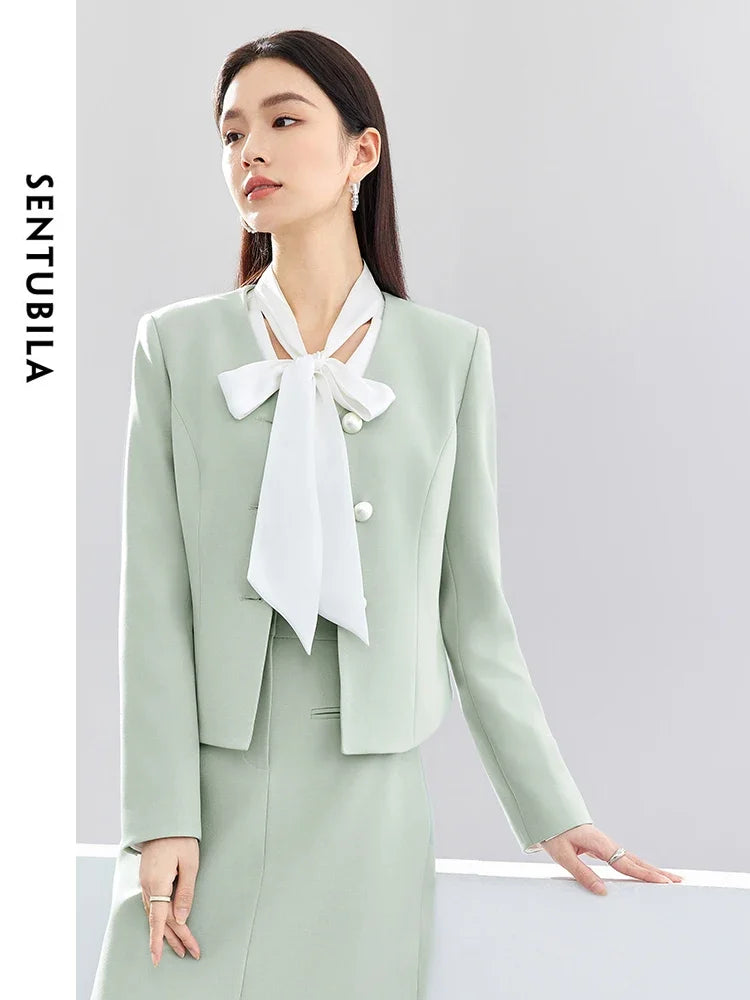 SENTUBILA V-neck Casual Blazer Glossy Button Suit