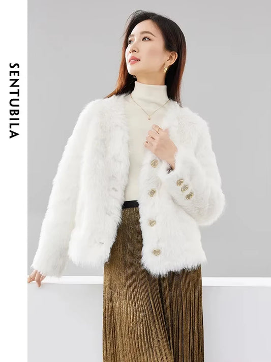 SENTUBILA Elegant Fluffy Jacket Women Winter Thick Warm Faux Fur Coat