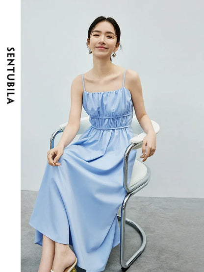 SENTUBILA Blue Spaghetti Strap Vacation Dress for Women 2024 Summer Elegant Sleeveless Pockets Shirring Long Dresses 141L53110