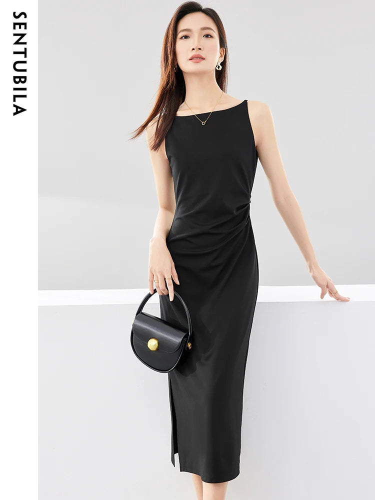 SENTUBILA Simple Party Black Midi Dress Women 2024 Spring Autumn Slim Temperament Slash Neck Sleeveless Lady Dresses Q33L52443