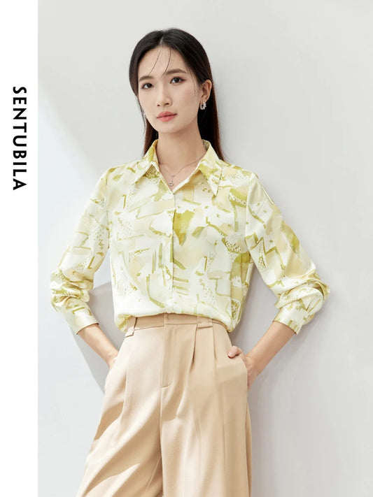 SENTUBILA Polo Collar Loose Blouse Fashion Casual Long Sleeve Button Up Blouses