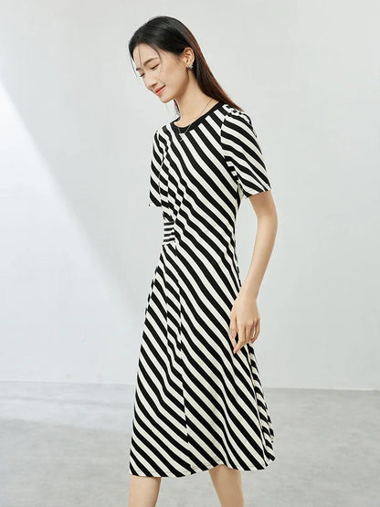 SENTUBILA Black White Striped Spliced Dress For Women 2024 Summer New Round Neck Short Sleeve Midi Dresses Clothing 142L53548