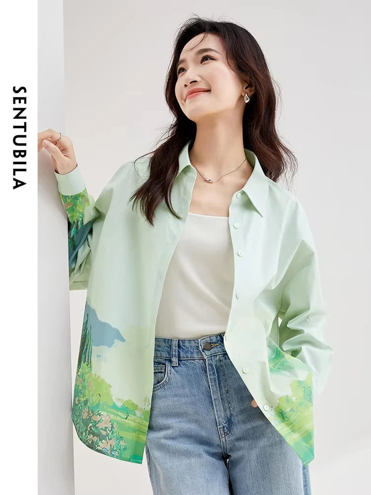 SENTUBILA Contrast Printed Fashion Shirts Casual Loose Fit Drop Sleeve Button Up Blouse