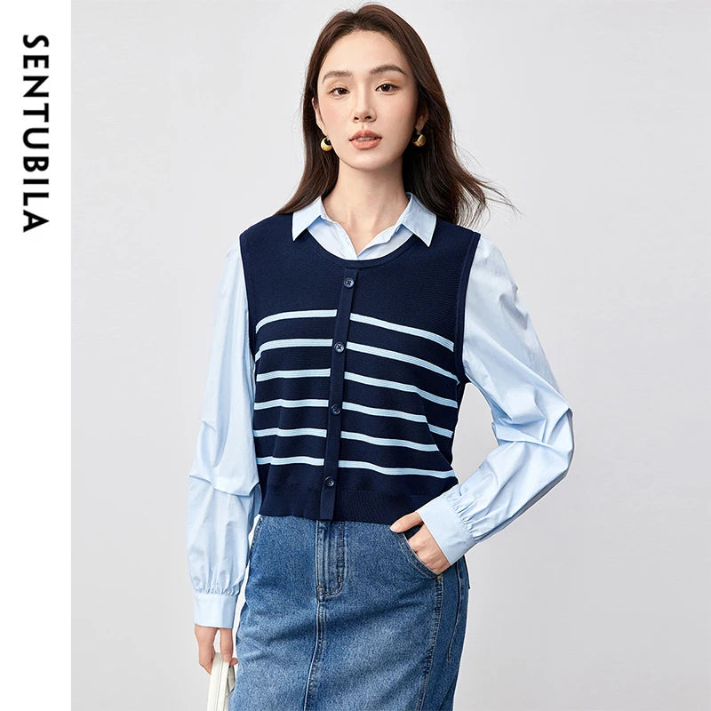 SENTUBILA Patchwork 2 in 1 Blouse 2025 Spring Fashion Spliced Striped Folds Drop Sleeve Chic