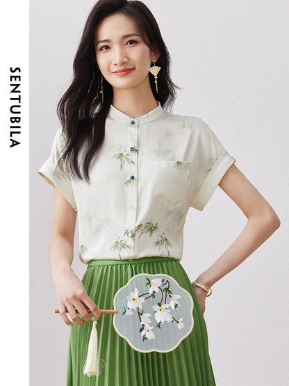 SENTUBILA Chinese Style Comfort Stand Collar Floral Summer Straight Button Up Elegant Blouses