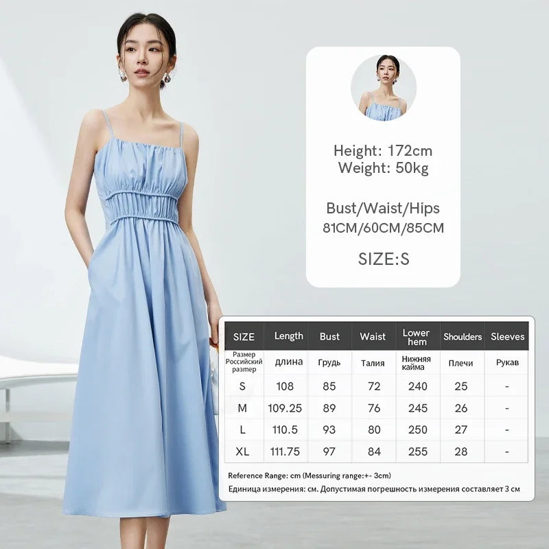 SENTUBILA Blue Spaghetti Strap Vacation Dress for Women 2024 Summer Elegant Sleeveless Pockets Shirring Long Dresses 141L53110