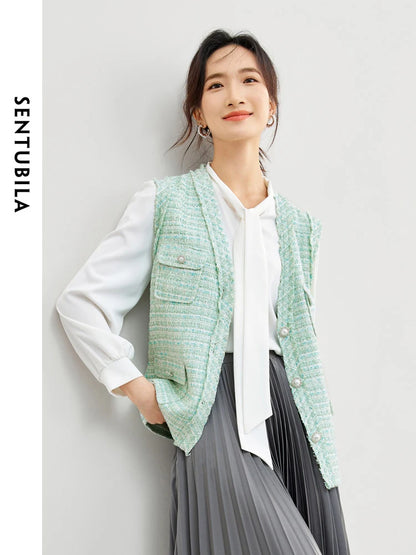 SENTUBILA V-neck Green Tweed Waistcoat