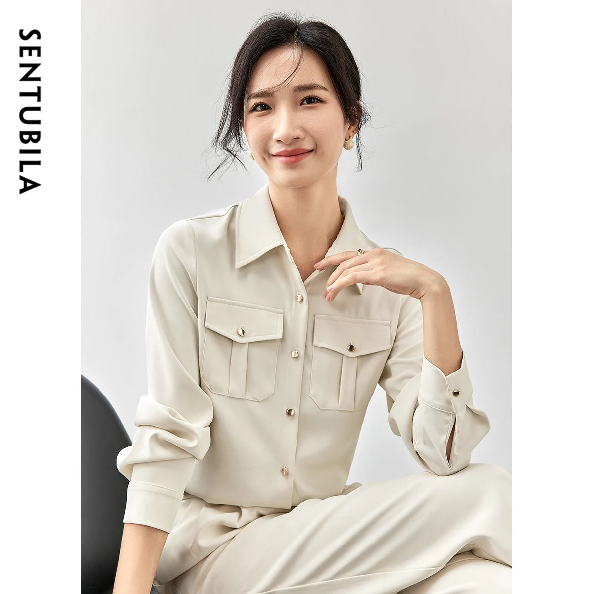 SENTUBILA Casual Loose Shirt New Spring 2025 Turn Down Collar Metal Button