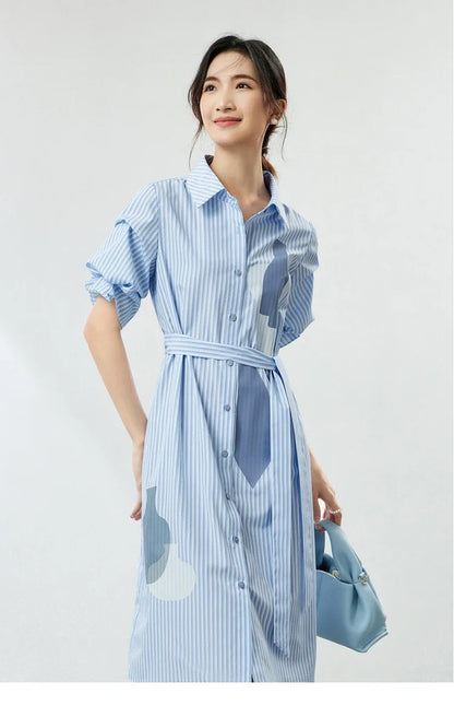 SENTUBILA Striped Casual Shirt Dress for Women 2024 Printed Polo Collar Button Up Straight Short Sleeve Summer Dress 142L53513