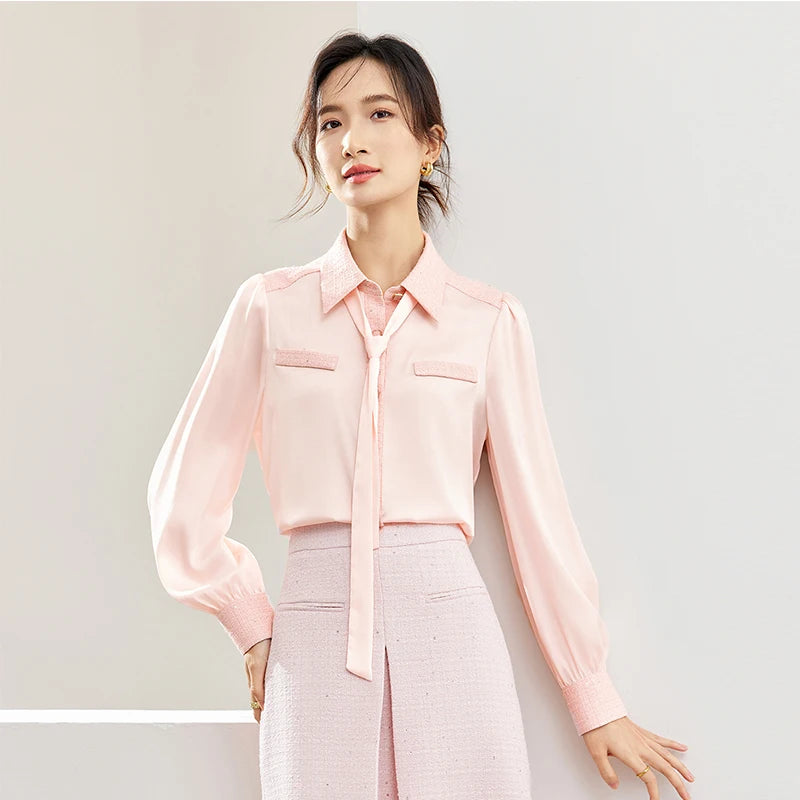 SENTUBILA Spliced Lace-up Bow Pink Blouse Elegant Long Sleeve