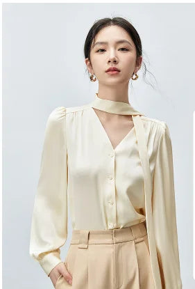 SENTUBILA Formal Style Women's Elegant Blouse 2025 Spring New Lace-up Collar Folds Long Sleeve