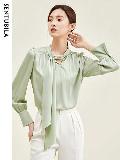 SENTUBILA Elegant Bow Tie Neck Long Sleeve Blouse Shirt Office Lady Fashion Womens Lyocell Blend Tops and Blouse