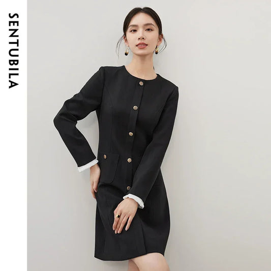 SENTUBILA Spliced Mini Black Buttons Front Long Sleeve Fitted Evening Dress