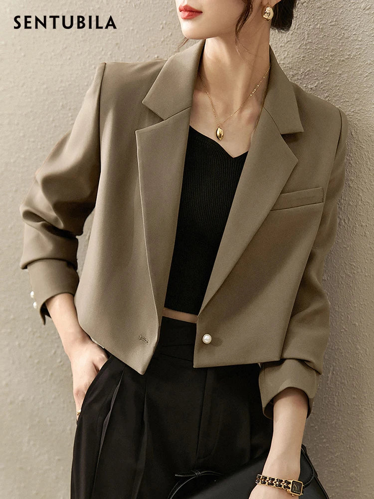 SENTUBILA Cropped Blazer Office Single Button Straight Workwear