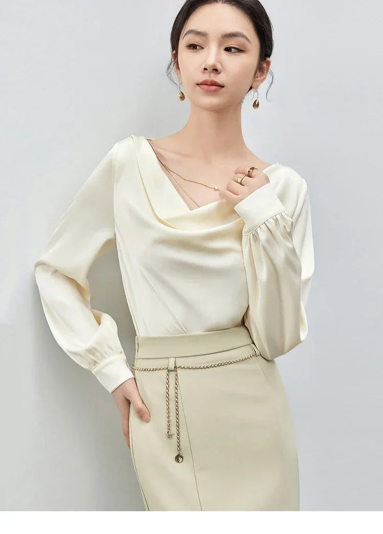 SENTUBILA Women Swing Collar Satin Blouses Fall Fashion Woman Elegant Long Sleeve Tops with Metal Chain