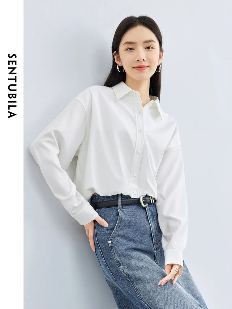 SENTUBILA Cropped White Solid Polo Collar Button Up