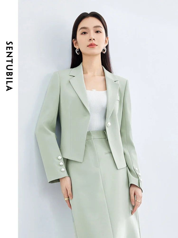 SENTUBILA Cropped Blazers Jacket Workwear Padded Shoulder Green