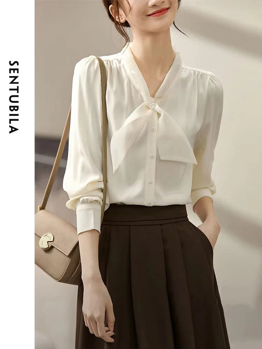 SENTUBILA Elegant Bow Neck Chiffon Blouse Apricot Button Up