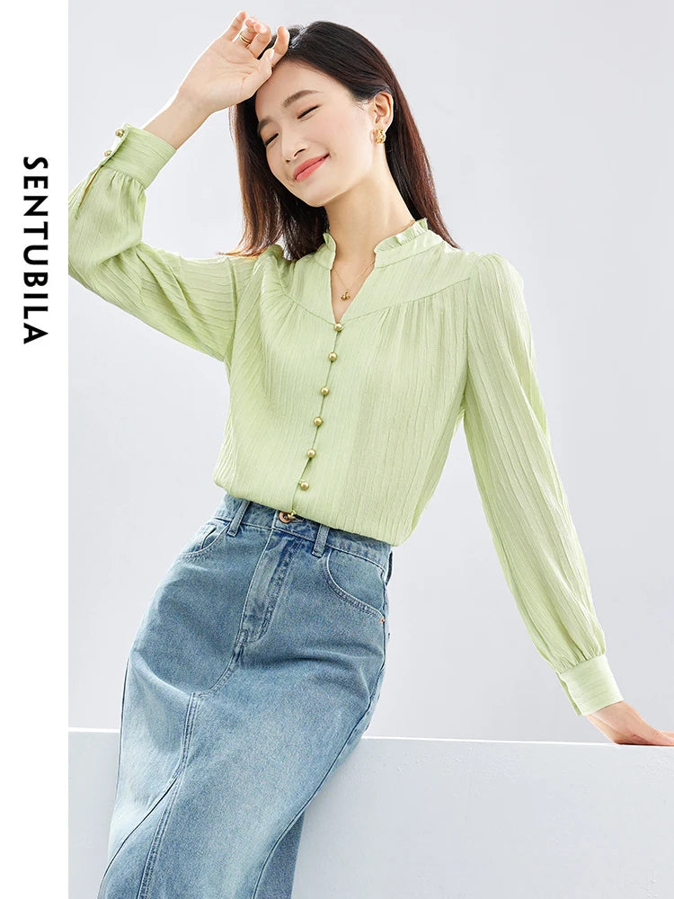 SENTUBILA Button Up Blouse Light Green Elegant Stand Collar