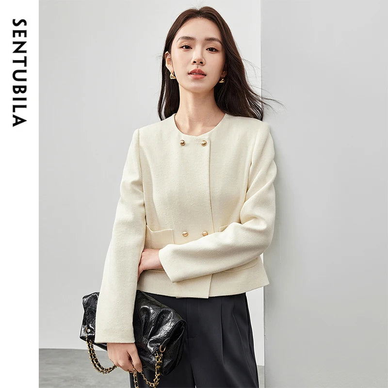 SENTUBILA Luxury Cropped Jackets Crew Neck Metal Double Breasted Party Outerwear