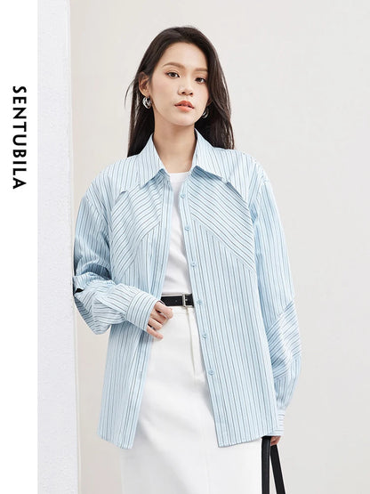 SENTUBILA Irregular Striped Blouse Hollow Out Casual Button Up Polo Collar