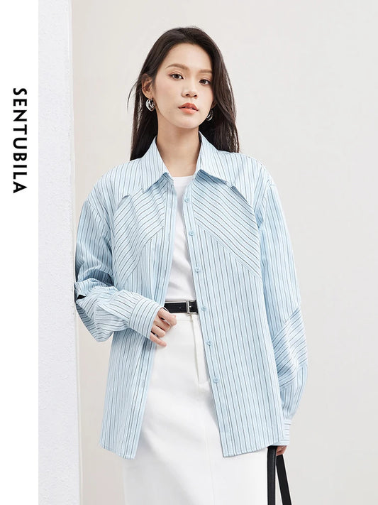 SENTUBILA Irregular Striped Blouse Hollow Out Casual Button Up Polo Collar