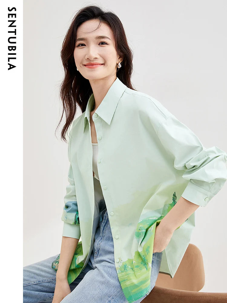 SENTUBILA Contrast Printed Fashion Shirts Casual Loose Fit Drop Sleeve Button Up Blouse