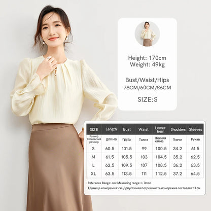 SENTUBILA Elegant Fashion Chiffon Blouse Round Neck Shirt Long Puff Sleeve