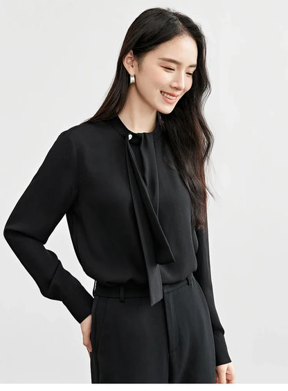 SENTUBILA Chiffon Ribbon Blouse Stand Collar Elegant Shirt