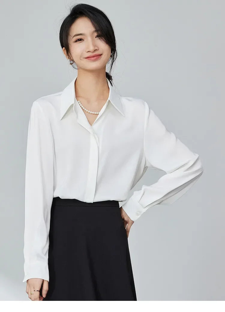 SENTUBILA Solid Office Blouse Chiffon Polo Neck Elegant Pearl Chain