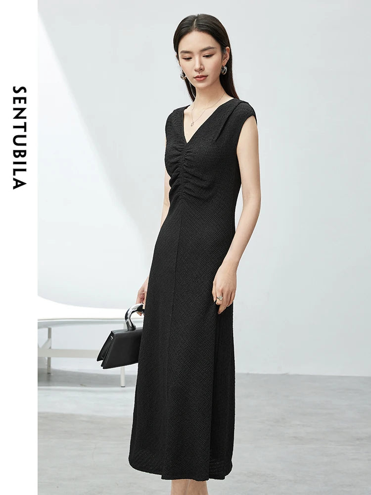 SENTUBILA Women V-Neck Shirring Long Tank Dress 2024 Summer Elegant Fashion Sleeveless A-line Knitted Dresses Woman 142L54118