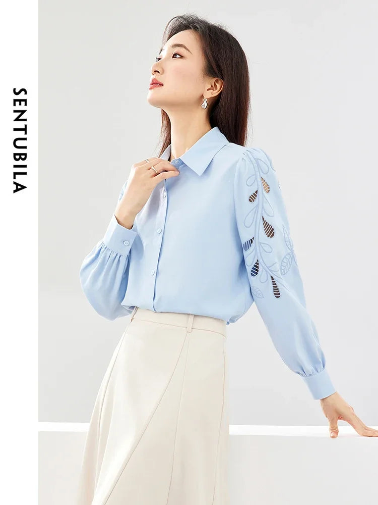 SENTUBILA Hollow Out Embroidery Blue Shirt for Office Elegant Lapel Single Breasted Blouse