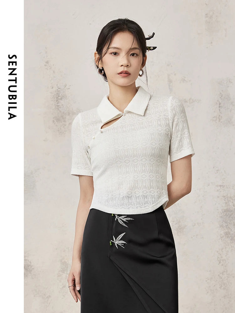 SENTUBILA White Hollow Out Slim Cropped Lace Summer Chinese Style Polo Collar Split Short Sleeve Blouse