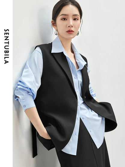 SENTUBILA Loose Vest Single Button Sashes Simple