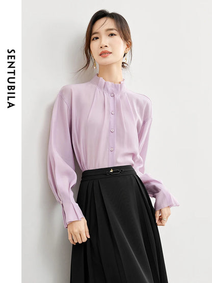 SENTUBILA Stand Collar Elegant Lyocell Shirt Spring Loose Petal Sleeve Button Up Woman Blouses Long Sleeves