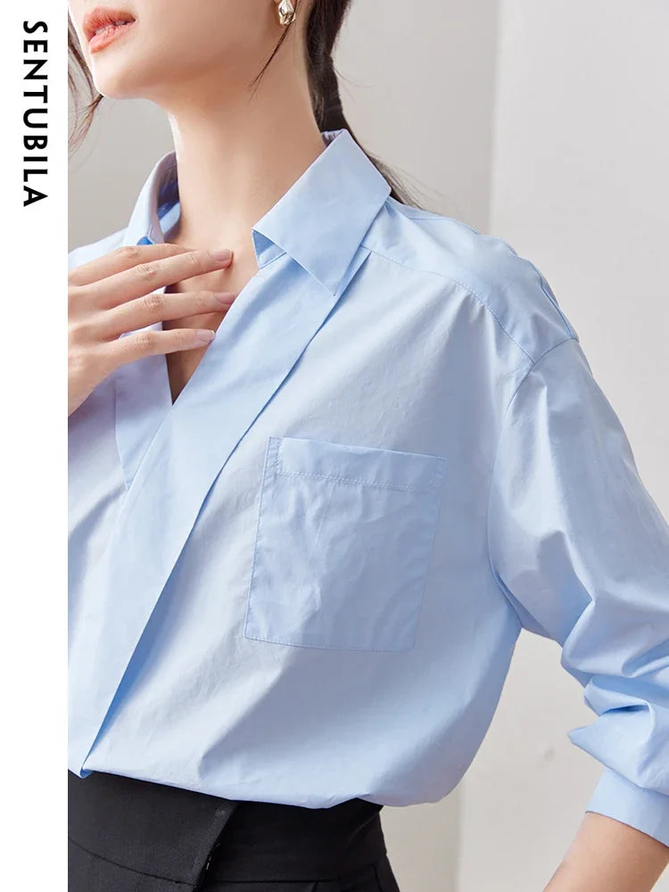 SENTUBILA Comfortable 100% Cotton Blue Shirt