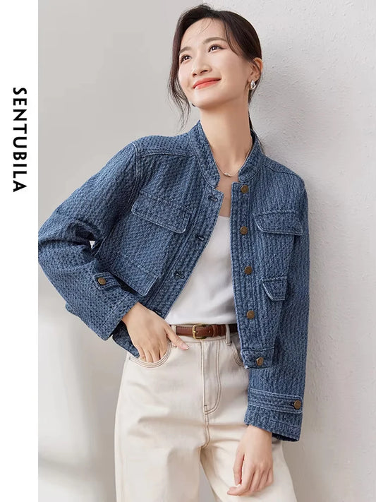 SENTUBILA Denim Jacket Stand Collar Crop Jacquard Jean Jacket