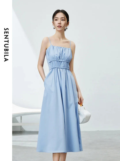 SENTUBILA Blue Spaghetti Strap Vacation Dress for Women 2024 Summer Elegant Sleeveless Pockets Shirring Long Dresses 141L53110