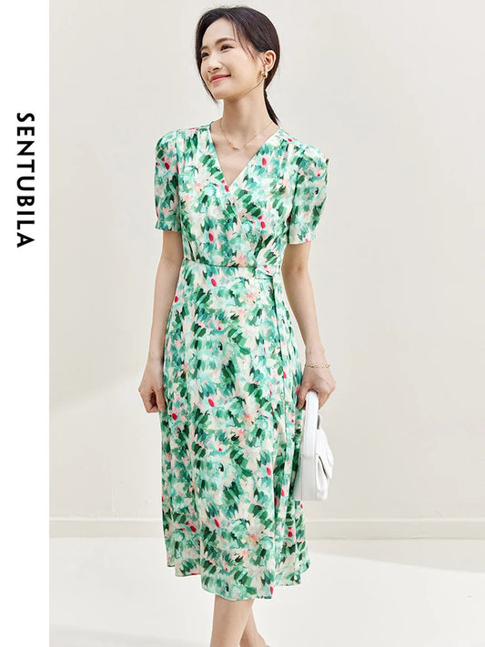 SENTUBILA Summer Green Floral Printed Dresses for Women 2024 Spring Summer Puff Sleeve Wrap V-neck Tied Midi Dress 132L51249