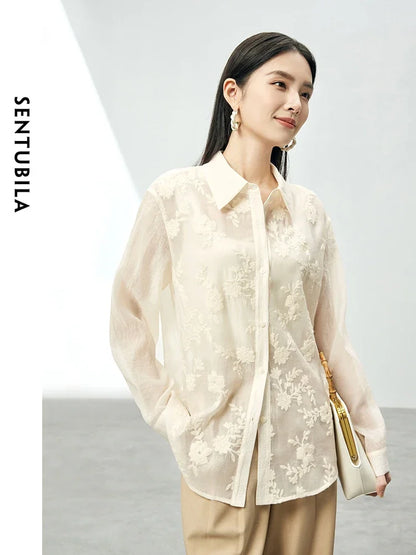 SENTUBILA Embroidery Button Up Shirts & Blouse Apricot Elegant Thin Long Sleeve