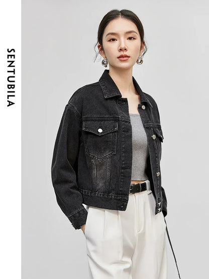 SENTUBILA Vintage Black Denim Jacket Drop Sleeve Short Denim Coat