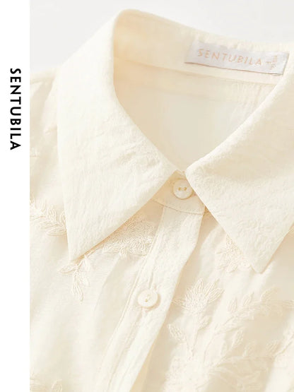 SENTUBILA Embroidery Button Up Shirts & Blouse Apricot Elegant Thin Long Sleeve