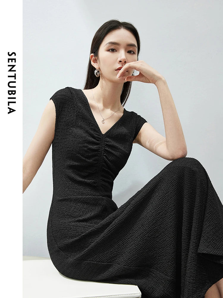 SENTUBILA Women V-Neck Shirring Long Tank Dress 2024 Summer Elegant Fashion Sleeveless A-line Knitted Dresses Woman 142L54118